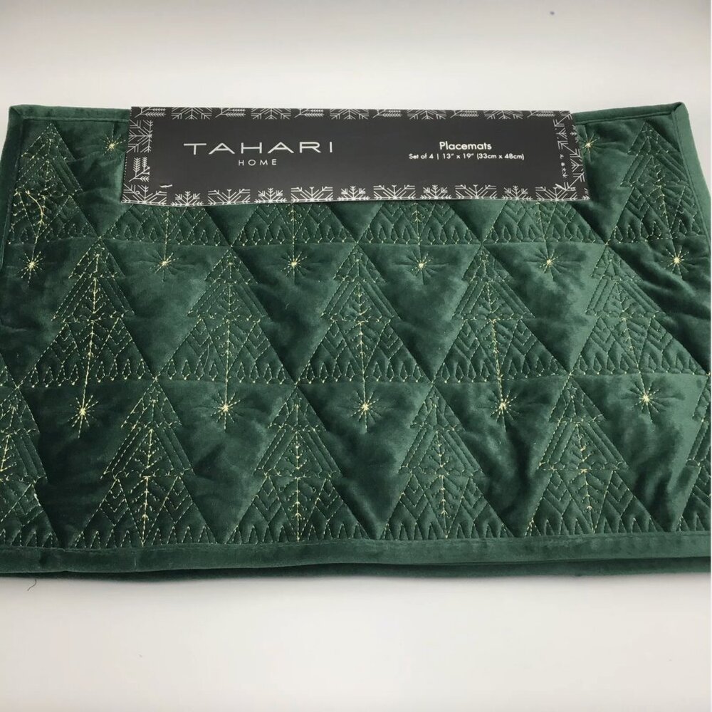x4 Tahari Green Gold Christmas Tree Embroidered Velvet Placemat Set Luxury Decor